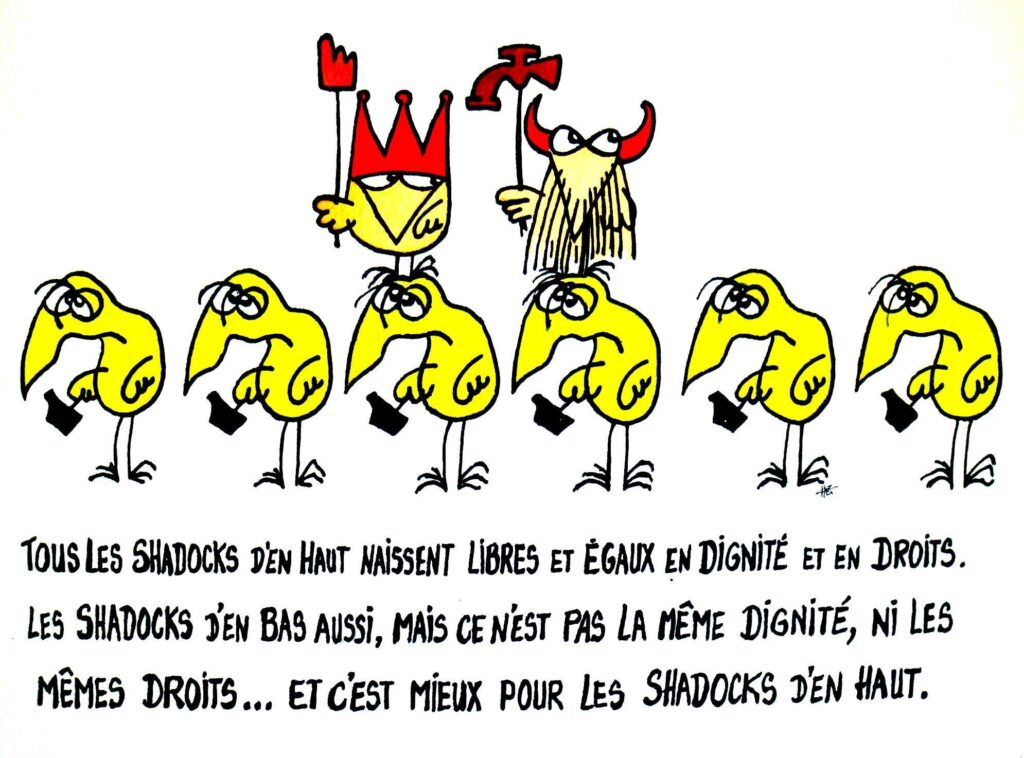 Tous les Shadocks d'en haut naissent libres et égaux en dignité et en droits. Les Shadocks d'en bas aussi, mais ce n'est pas la même dignité, ni les mêmes droits... et c'est mieux pour les Shadocks d'en haut.